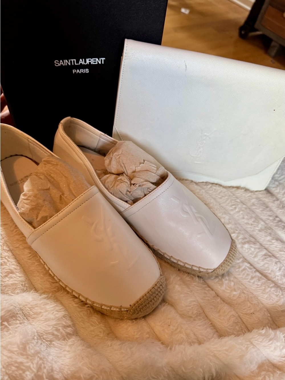 Saint Laurent YSL Bundle, White Leather Espadrilles with YSL Clutch (COA)